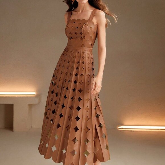 Khaki Elegant Women's Faux Leather Laser Party maxi Dress - Picture 7 of 7